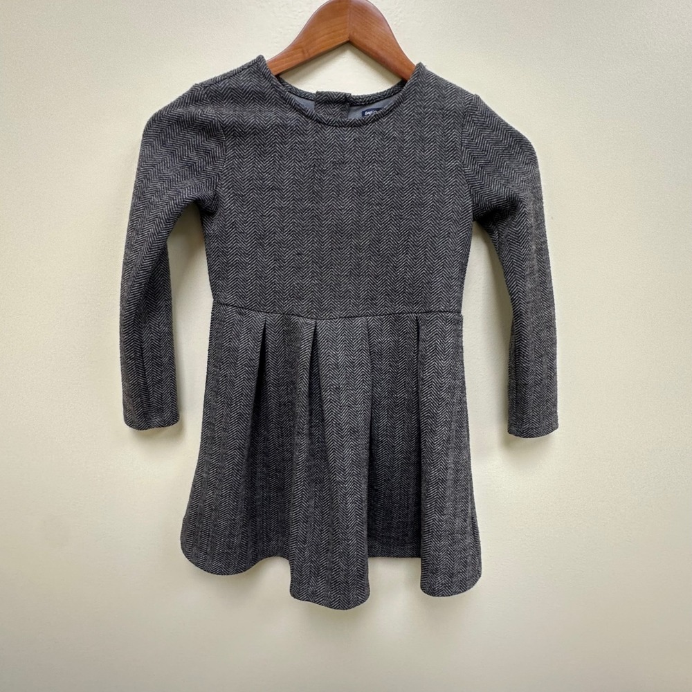 Gap Kids Girls Grey Herringbone Long Sleeve Pleated Zip Back Dress Size S 6-7